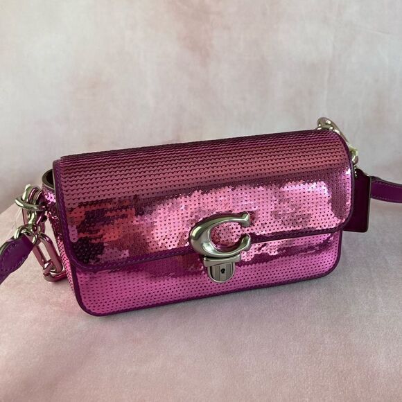 COACH Studio Baguette Shiny Sequin Dark Magenta Shoulder Crossbody Bag - Picture 6 of 6